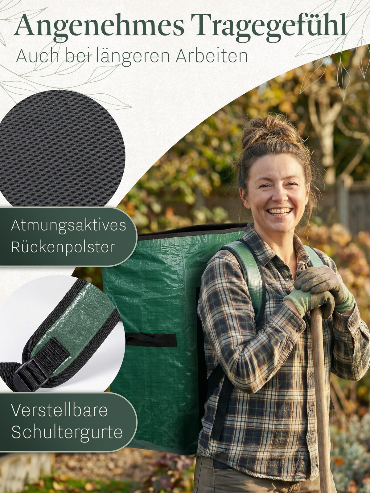 Frau trägt den Tragato als Rucksack, Detail des Mesh-Polsters und Schultergurts